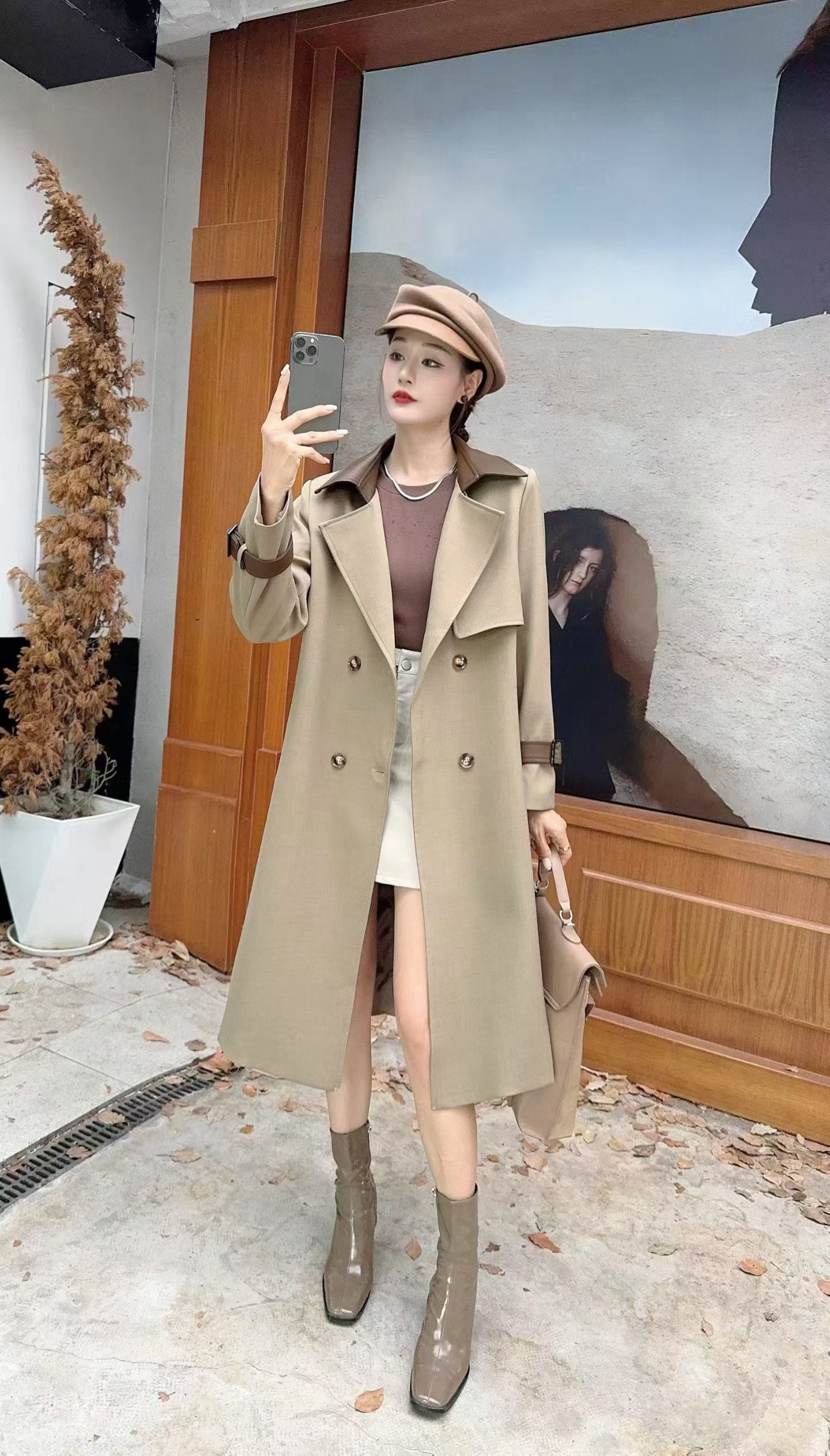 Contrast Collar Double-Breasted Long Trench Coat - With Belt