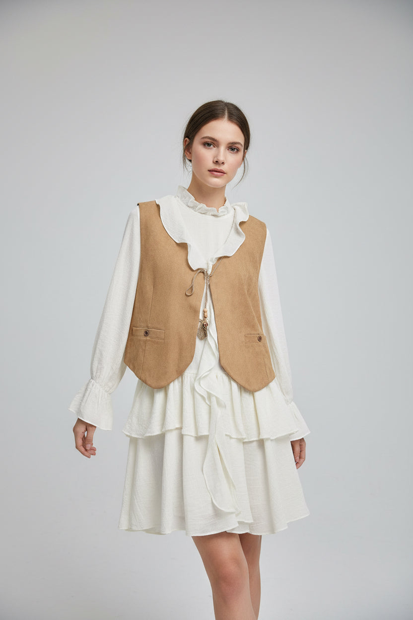 The Cream Ruffle Dress & Camel Suede Vest Set