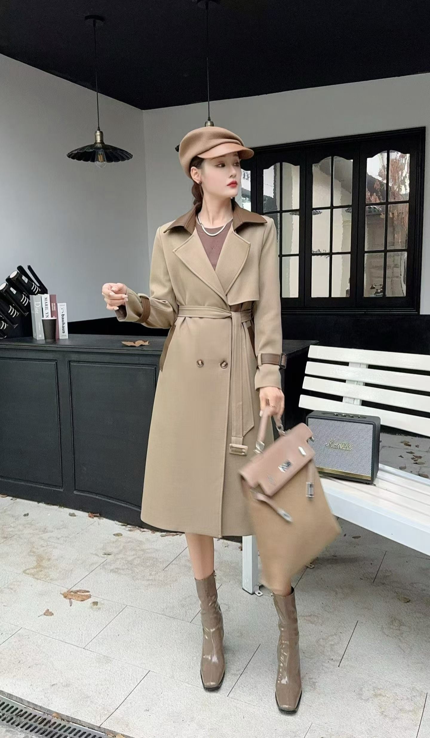 Contrast Collar Double-Breasted Long Trench Coat - With Belt