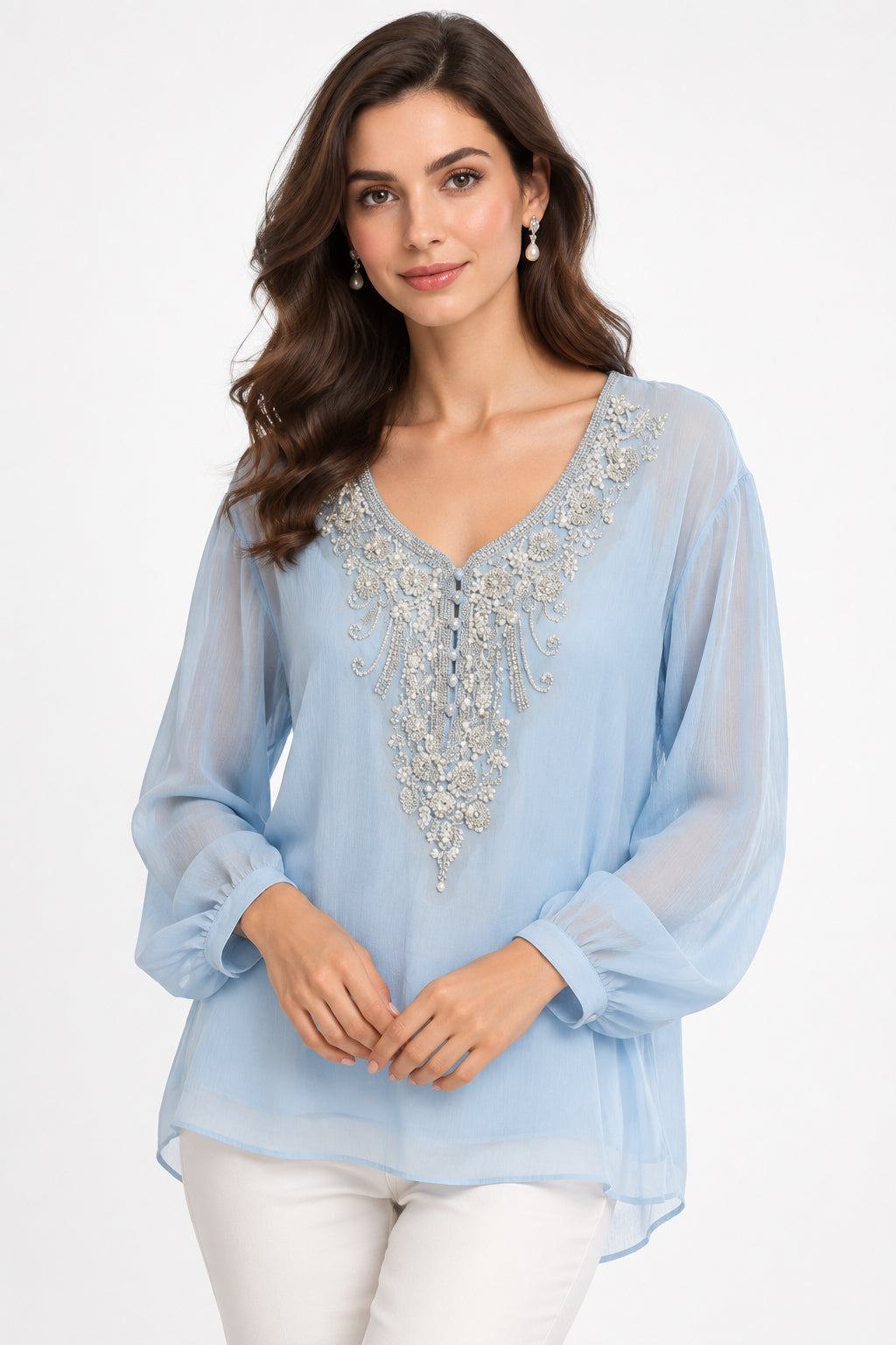 The Pearl Beaded Linen Tunic Top - Luxury Embellished Blouse