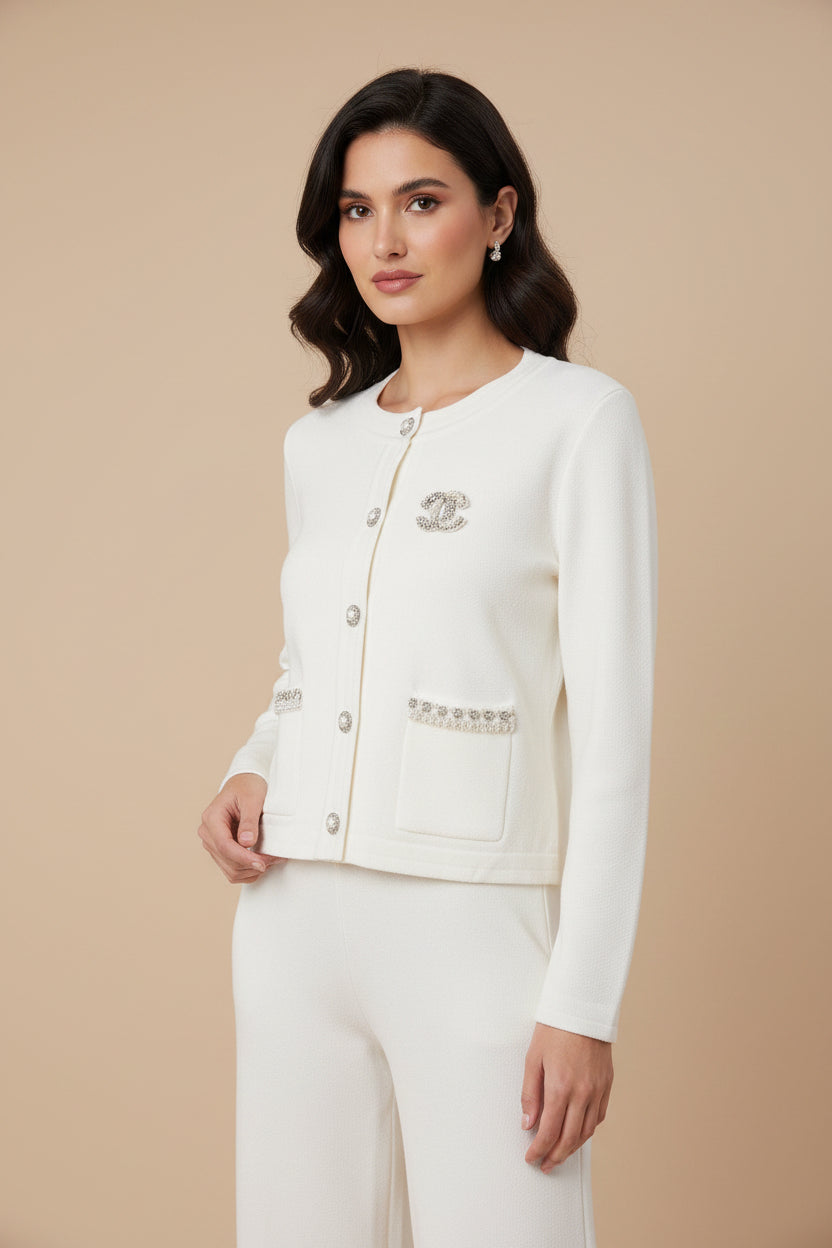 Pearl Button Embellished Cardigan - White