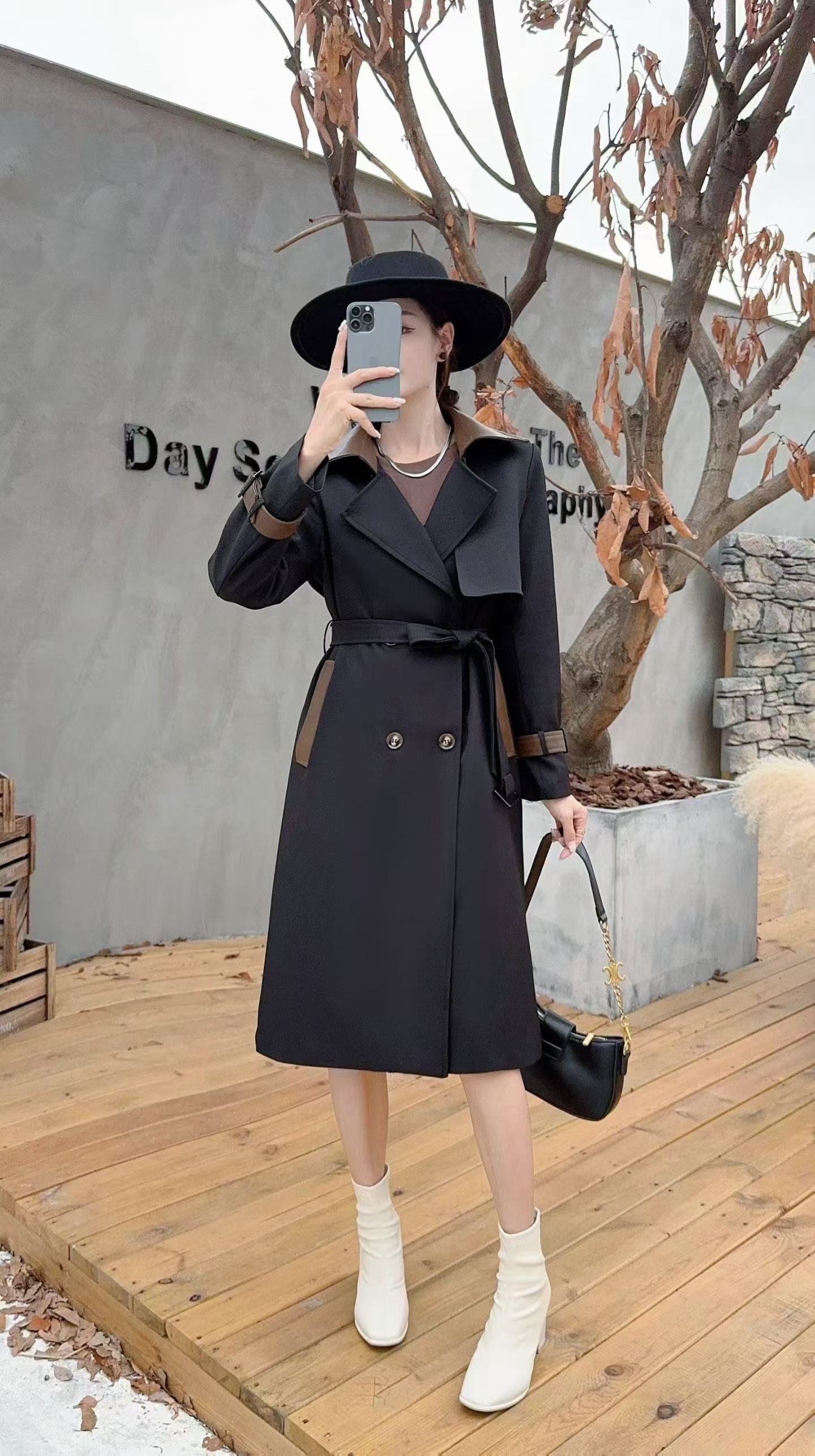 Contrast Collar Double-Breasted Long Trench Coat - With Belt