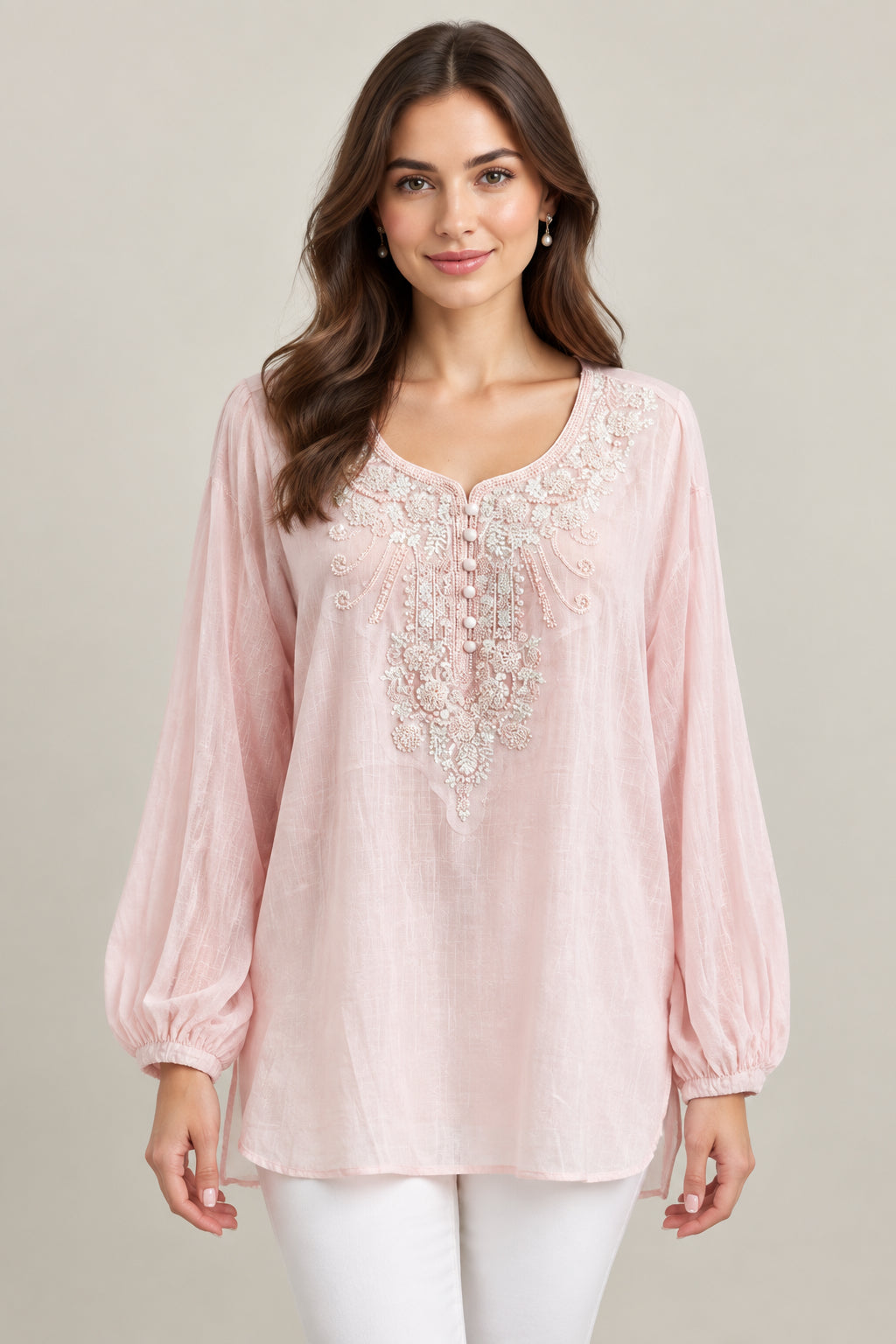 The Pearl Beaded Linen Tunic Top - Luxury Embellished Blouse