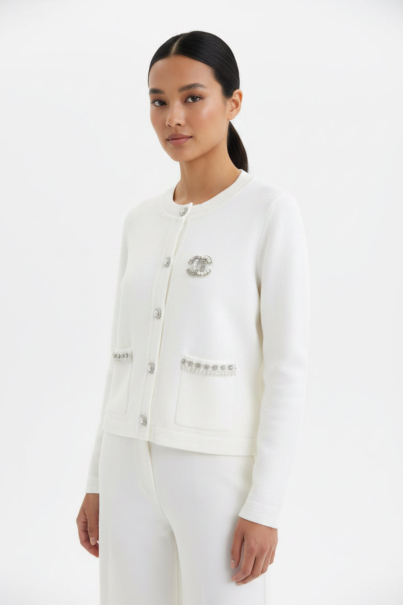 Pearl Button Embellished Cardigan - White