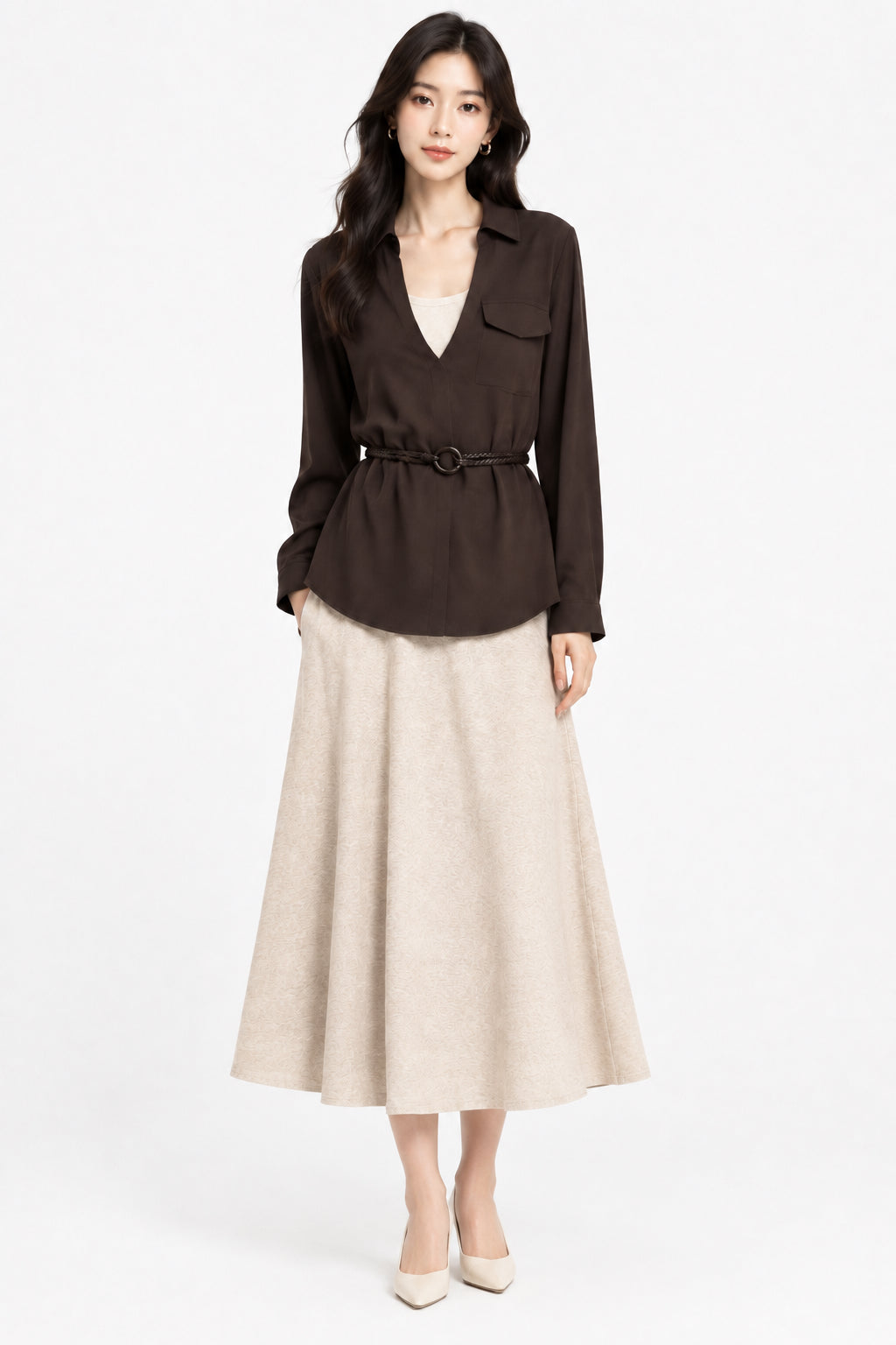 Brown Layered Top + Beige Maxi Skirt Set