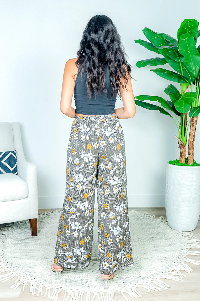 Beige Floral Herringbone Plaid Print Flare Pants