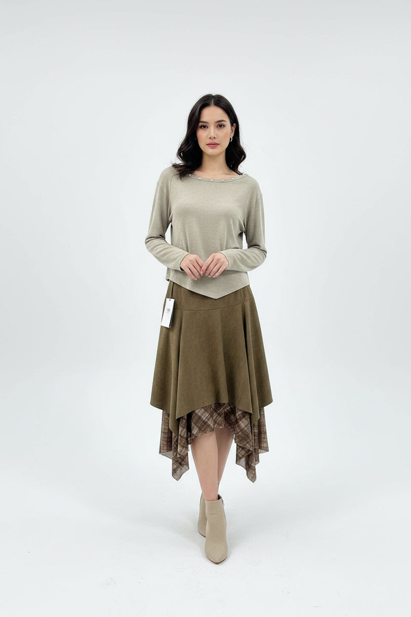Studded Top With Asymmetrical Suede Skirt Set - 2 Piece