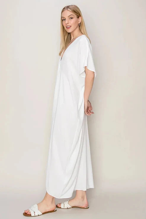 Breezy Elegant V-Neck Dolman Sleeves Beach Coverup Kaftan Dress