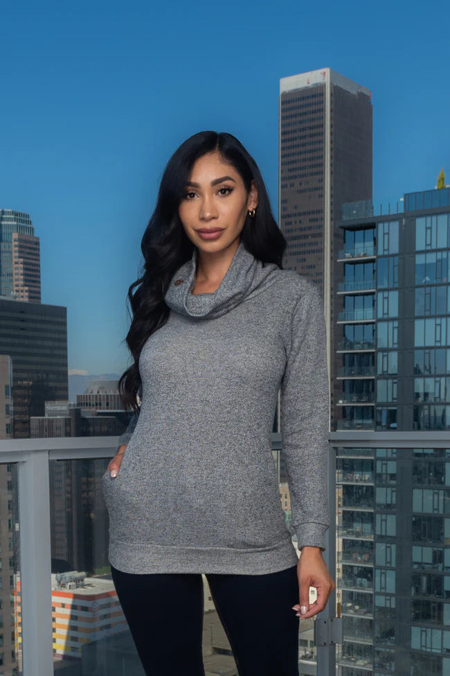 Cowl on Neck Long Sleeve Top w/5 Buttons on Neck and 2 Pockets