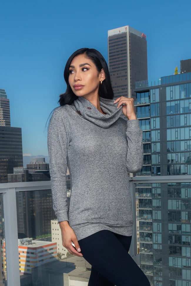 Cowl on Neck Long Sleeve Top w/5 Buttons on Neck and 2 Pockets