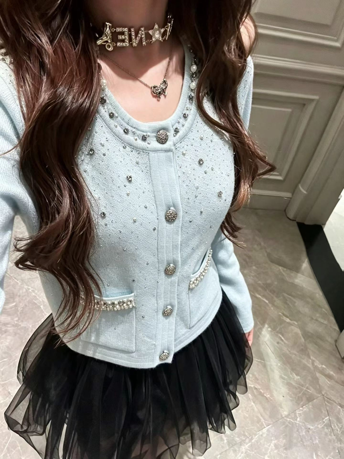Rosé Pearl Cardigan - Luxury Beaded Knit Cardigan with Rhinestone & Pearl Details