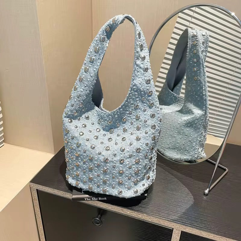 Denim commuting bucket bag
