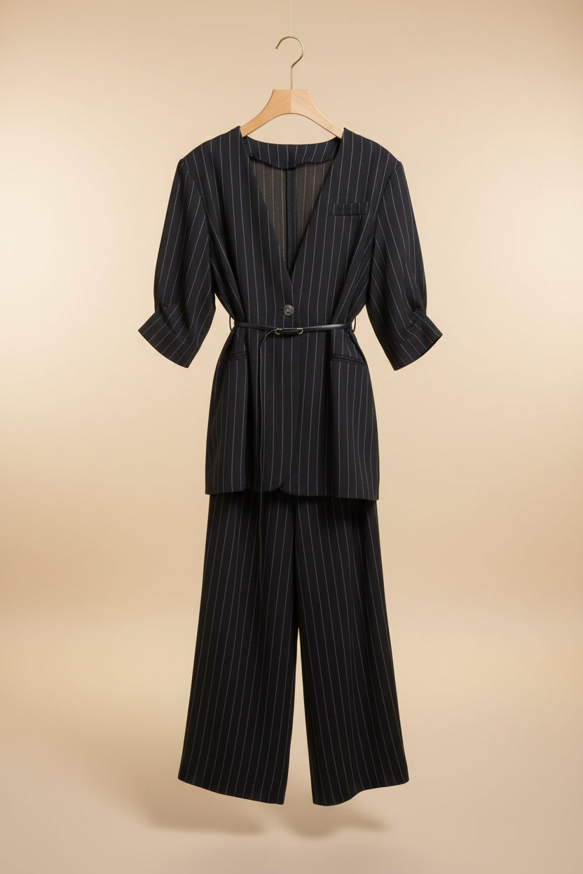 The Old Money Pinstripe Blazer + Palazzo Set - Quiet Luxury Power Suit