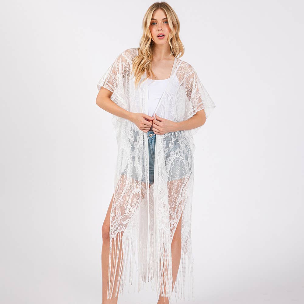Elegant Lace Fringe Cover Up Kimono-White