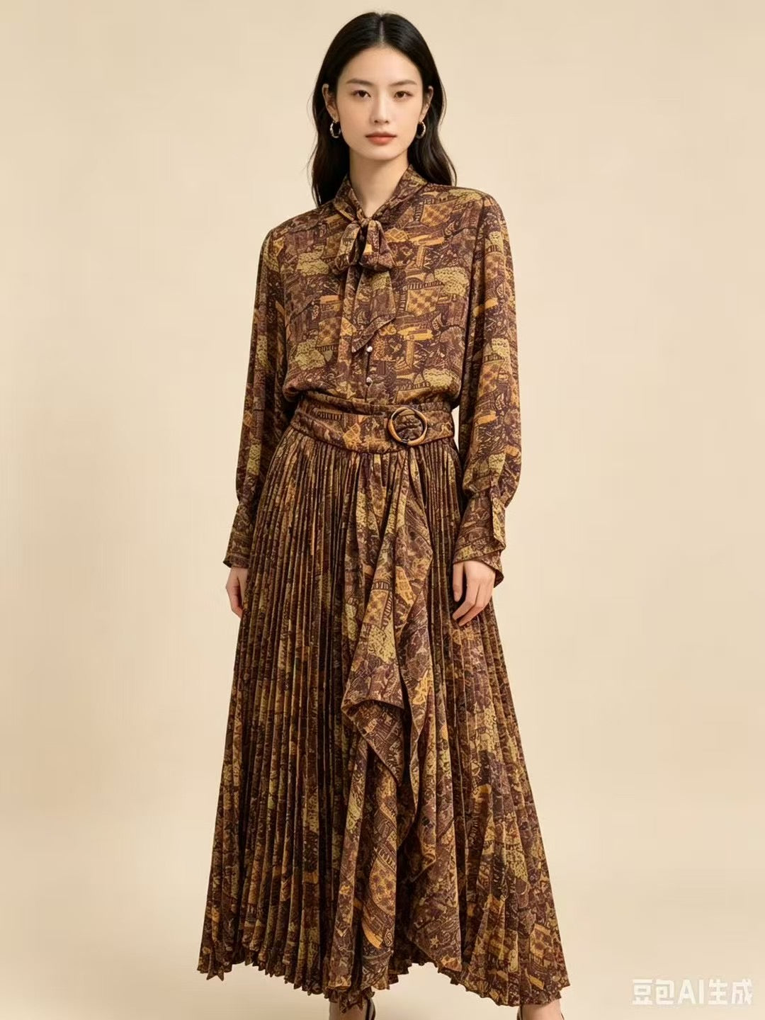 The Vintage Pleated Tie Dress - 2 Piece Look Set - Brown & Green