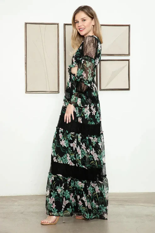 Floral Lace Panel Tiered Maxi Dress - Bohemian Cutout Ruffle Sleeve