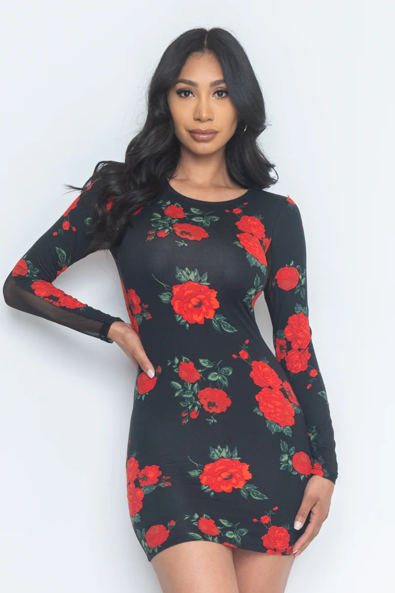 Floral Print Sheer Mesh Long Sleeve Round Neck Mini Dress In Black