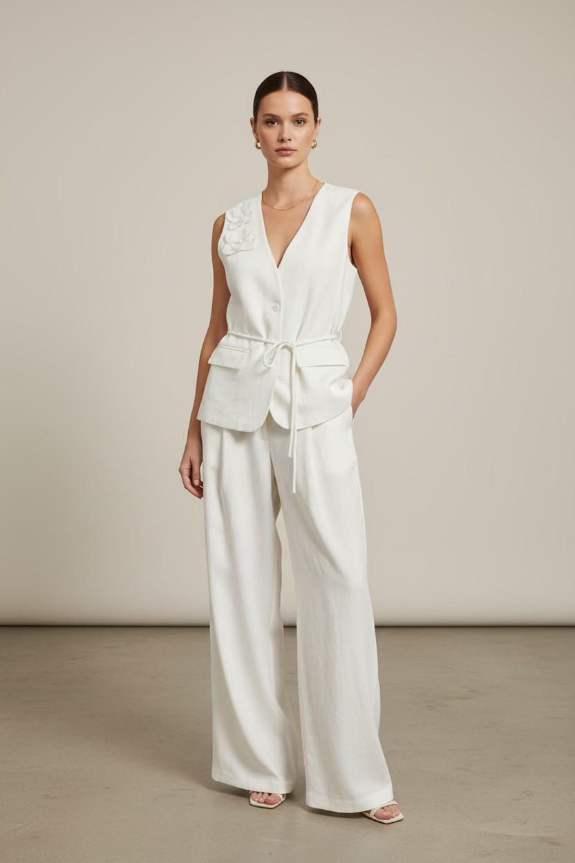 The Flora Linen Vest Pant Set - 3D Flower Old Money Set