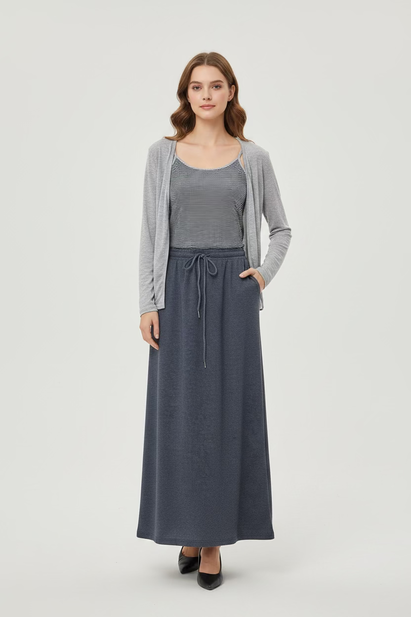3-Piece Cardigan Set With Long Skirt - Striped Tank + Cardigan + Skirt