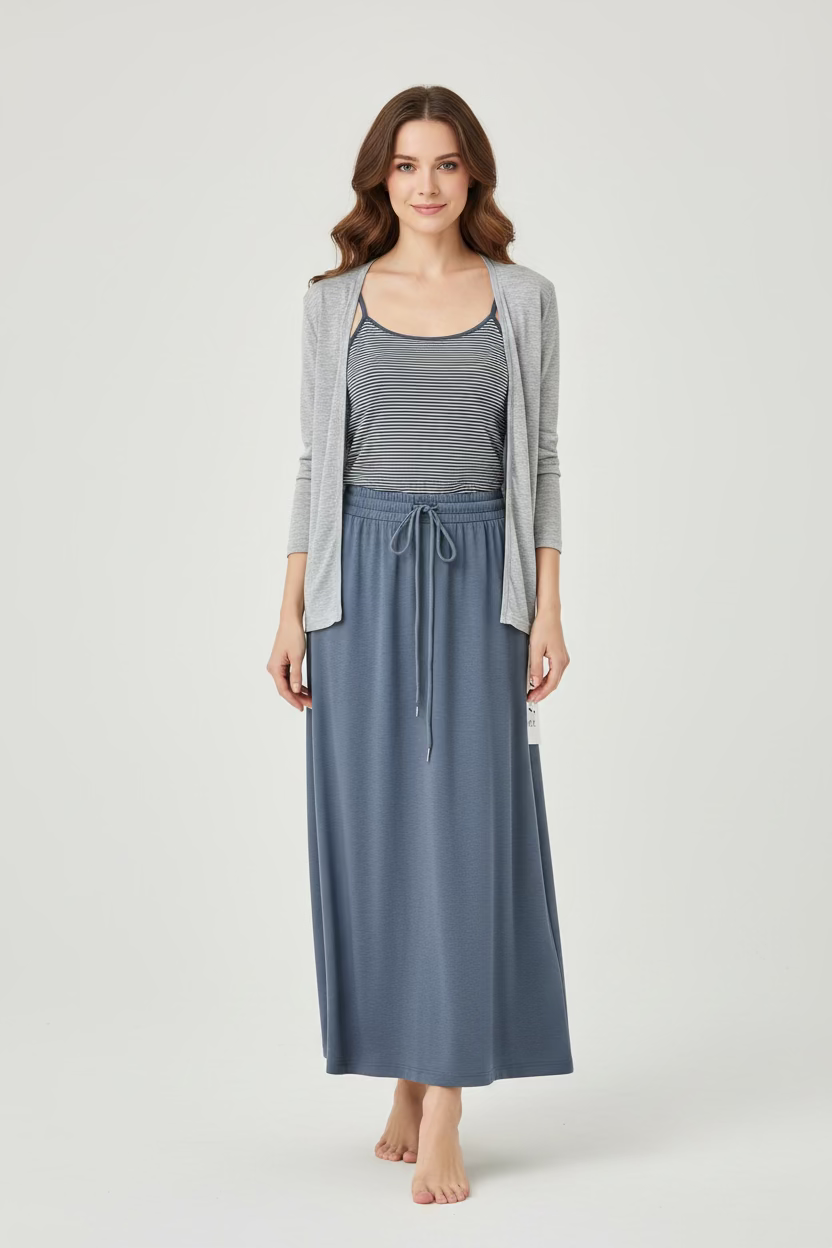 3-Piece Cardigan Set With Long Skirt - Striped Tank + Cardigan + Skirt