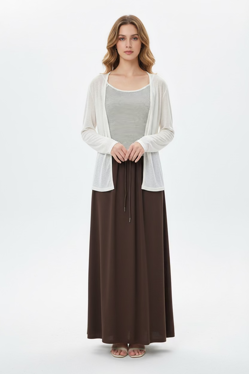 3-Piece Cardigan Set With Long Skirt - Striped Tank + Cardigan + Skirt