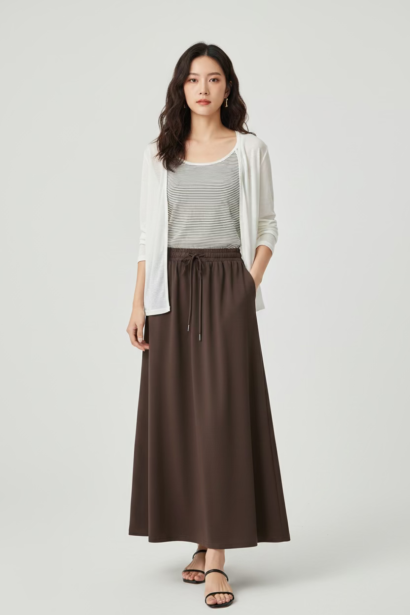 3-Piece Cardigan Set With Long Skirt - Striped Tank + Cardigan + Skirt