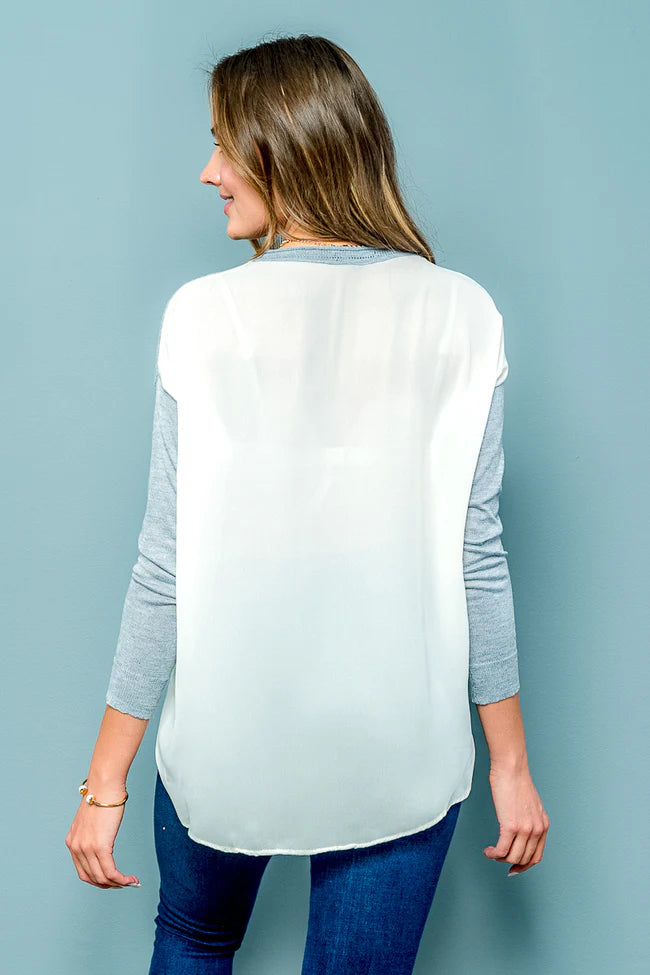 Long Sleeve Knit&Chiffon Top Sweater Grey