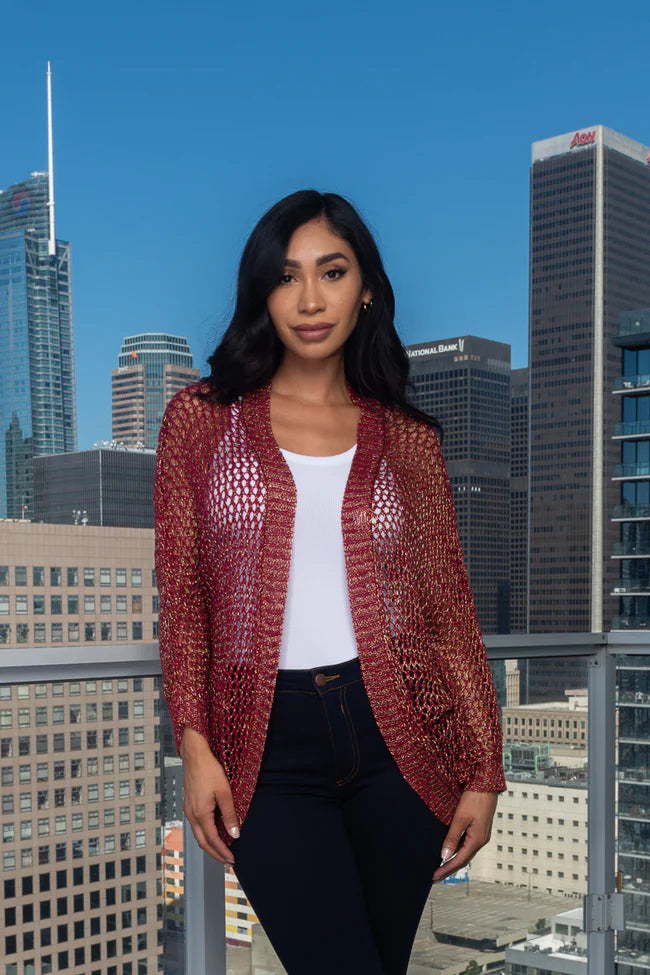 Metallic Open Front Crochet Knit Cardigan Vest