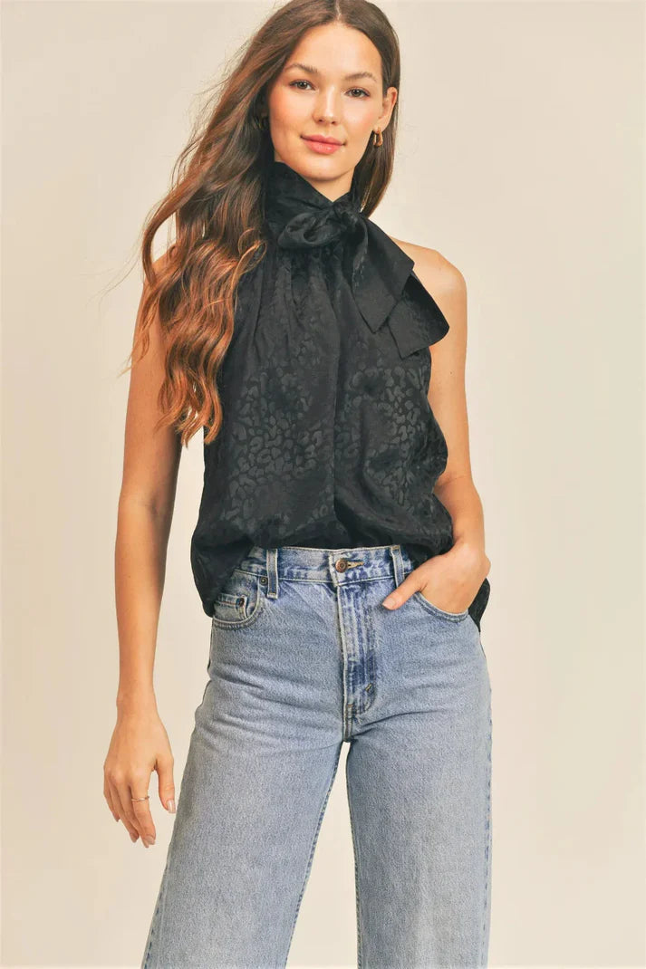 Monochrome Cheetah Animal Sleeveless Tie Neck Halter Top with Bow Detail Blouse