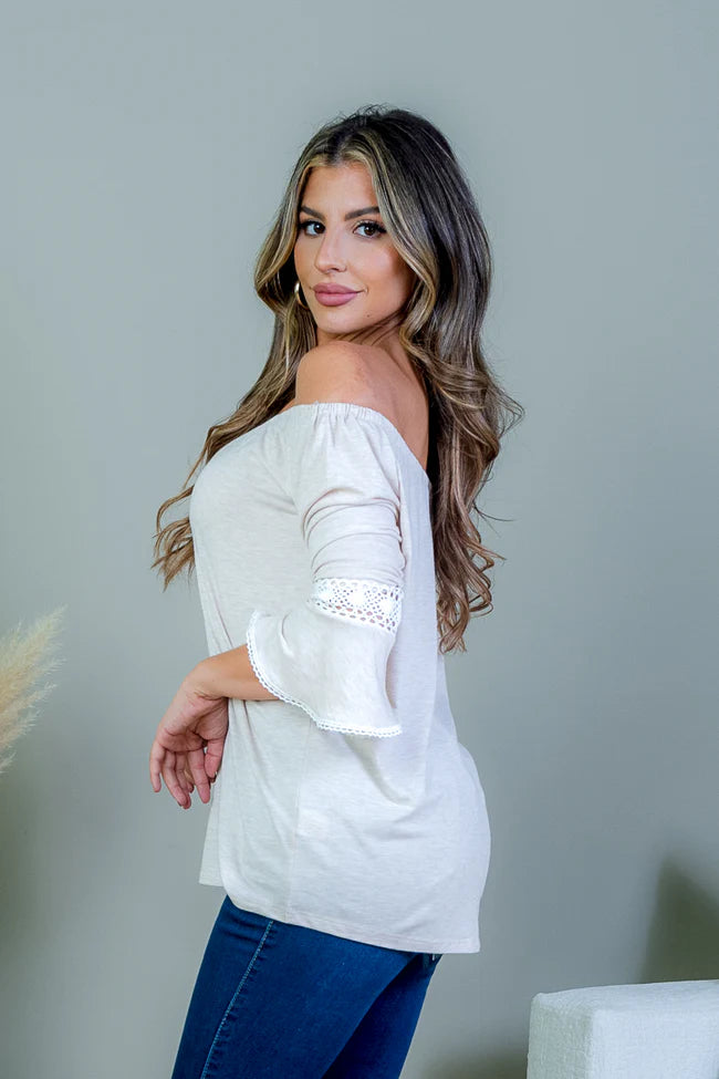 Off Shoulder 3/4 Sleeve Heather Knit Peasant Top with Crochet Knit Lace Trim