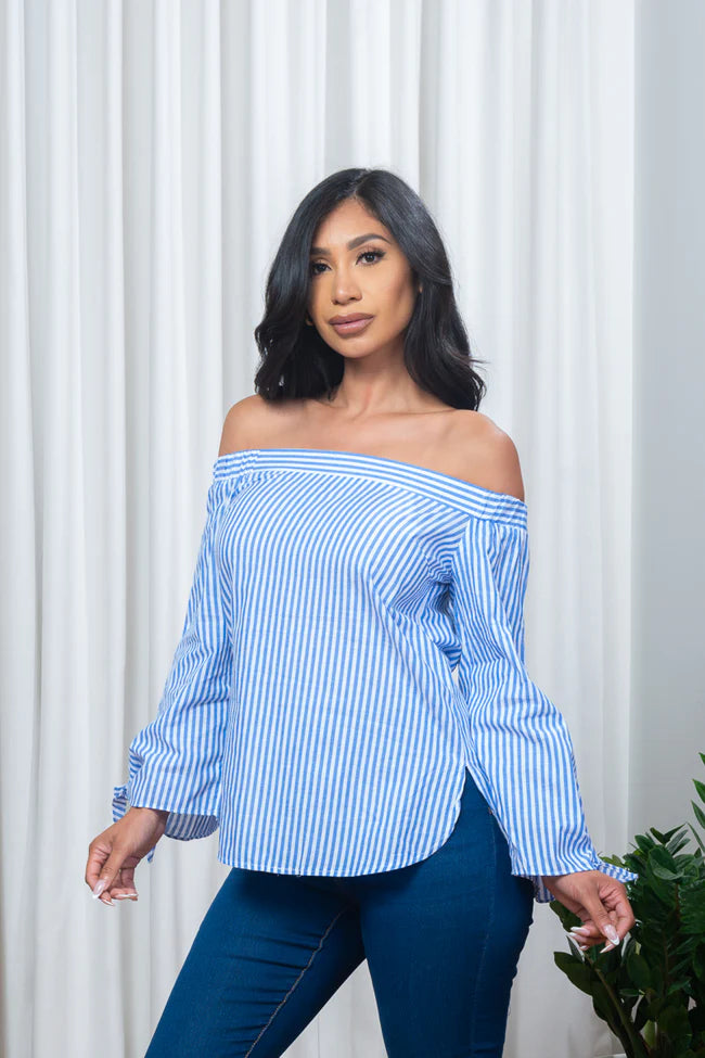 Off Shoulder Striped Long Sleeve Top with Tie Cuffs in Blue & White