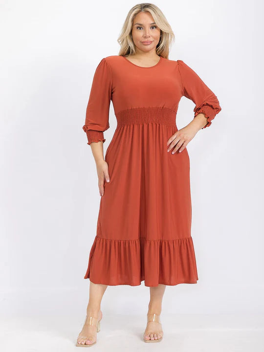 plus size 3 4 sleeve maxi dress 3-4 Smock Waist Front Pockets Ruffle Bottom Hem 3XL Category2: clothing_dresses 49.5 cm SIZE:12 Polka Dot Dresses |
