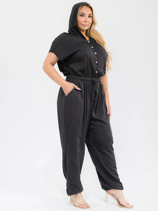 Plus Size Short Sleeve Button Up Adjustable Waist Hooded Jogger Jumpsuit