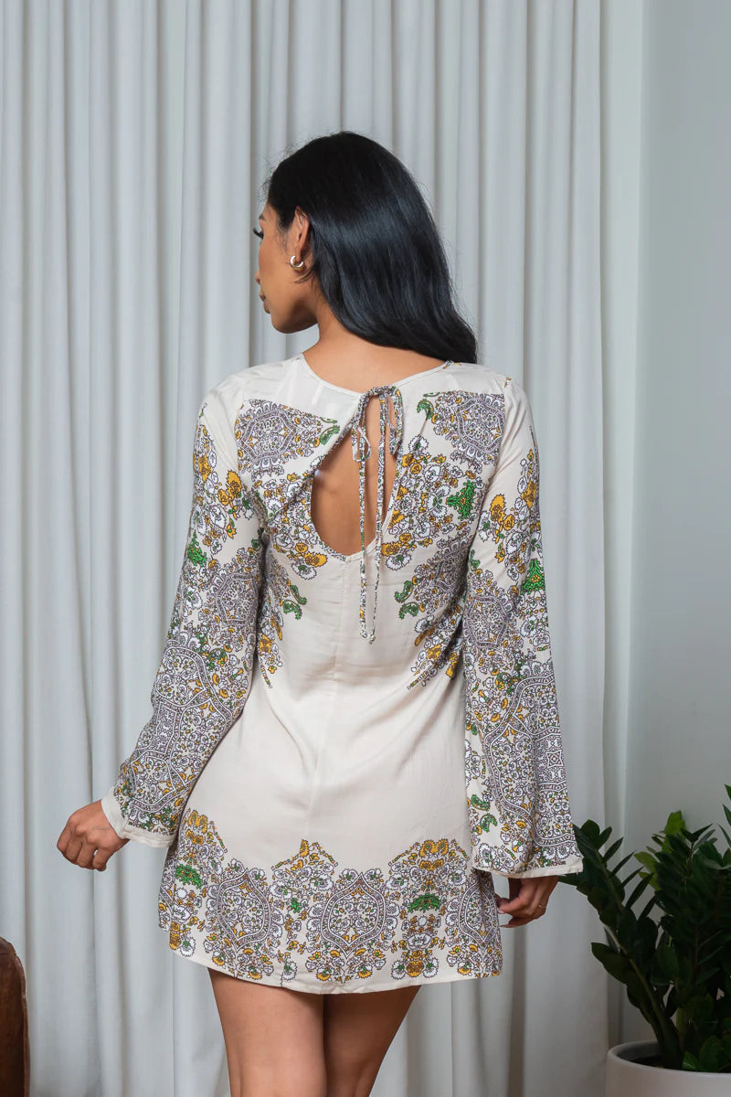 Paisley Motif Adorned Long Bell Sleeve Tunic Mini Dress with Round Keyhole Tie Back in Beige