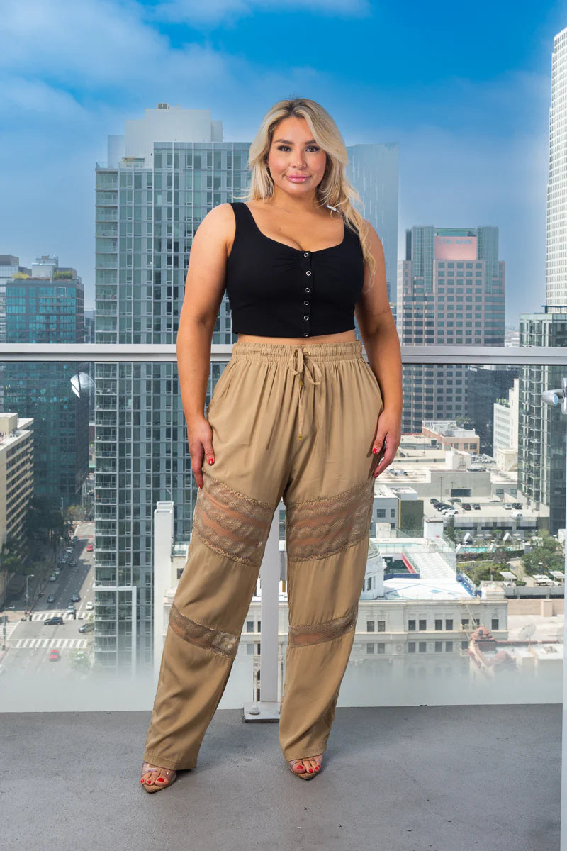 Plus Size Drawstring and Elastic Waist Pants With Lace detail on Legs