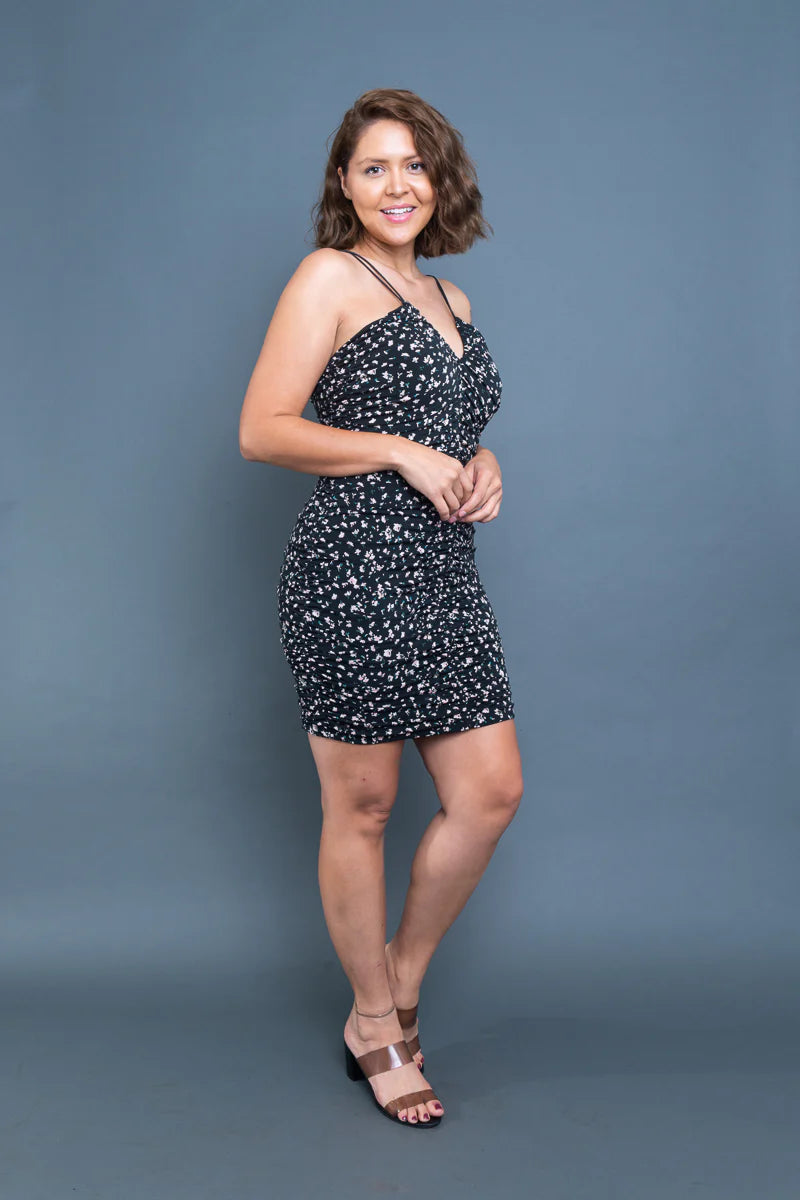 Plus Size Floral Print Double Spaghetti Strap V Neck Ruched Mini Dress in Black