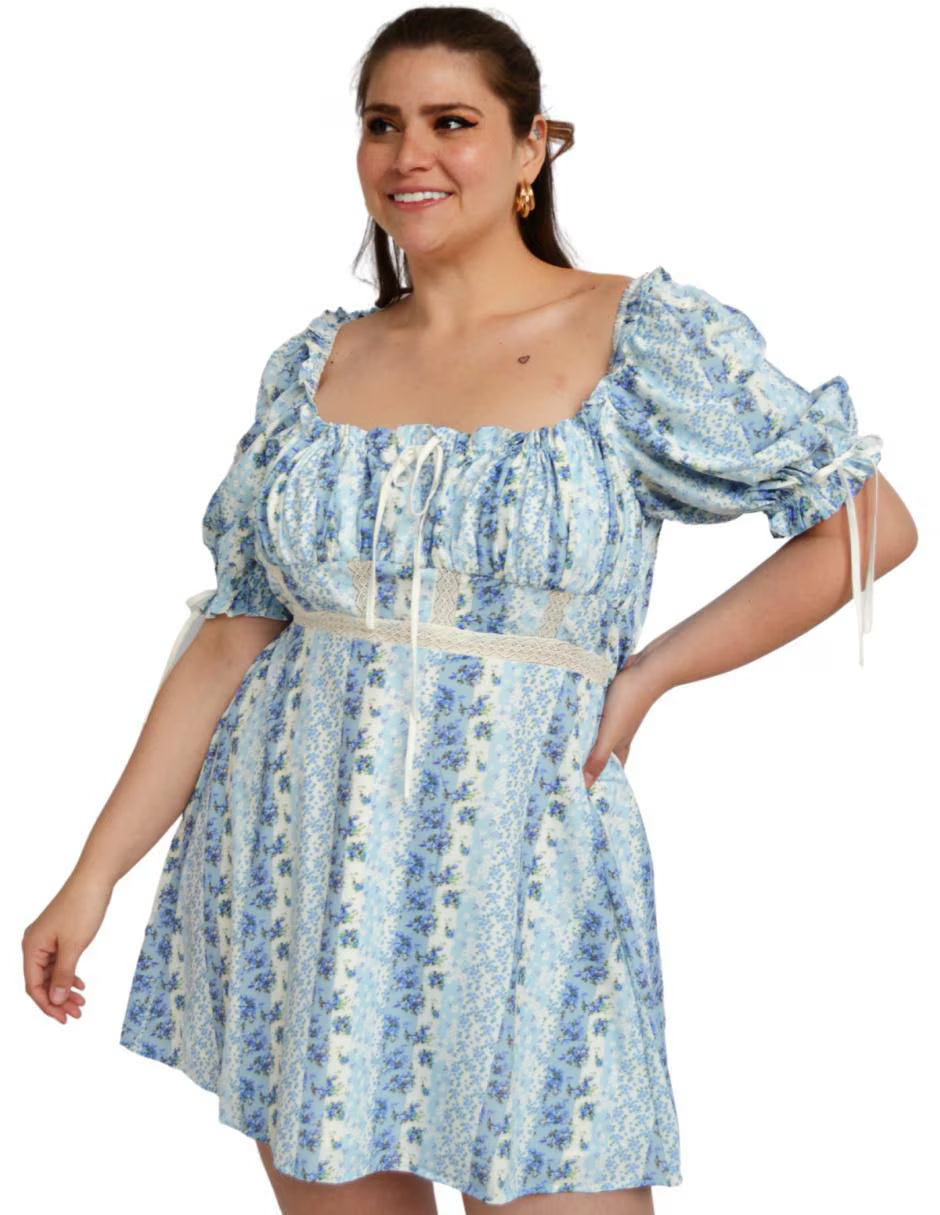 Plus Size Short Puff Sleeve Elastic Waist Floral Mini Dress
