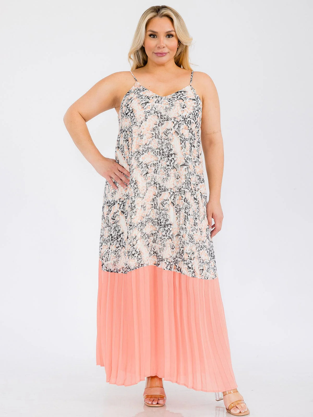 Plus Size Sleeveless Multi Print Pleated Tunic Maxi Dress