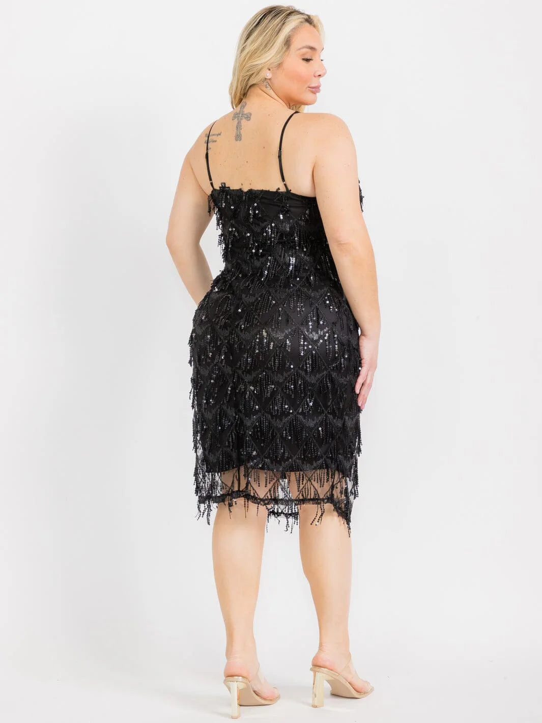 Plus Size Sleeveless V-Neck Bodycon Fringe Sequins Midi Dress