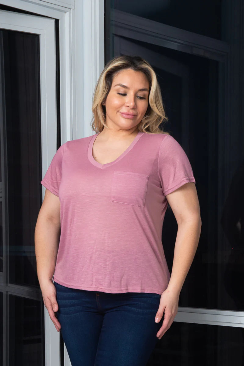Plus Size Soft V-Neck Short Sleeve Tee Shirt with Front Pocket*