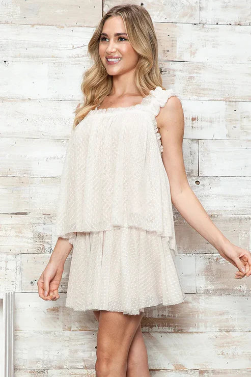 Romantic Swiss Dot Ruffled Square Neck Two-Piece Mini Skirt Set