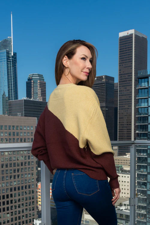 Round Neck 2 Tones Cable Knit Dolman Sweater