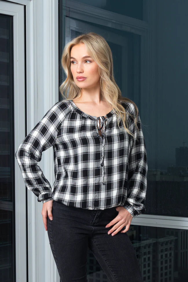 Round Neck 3/4 Sleeve Roll-up Plaid Print Top With Elastic Detail On Waist