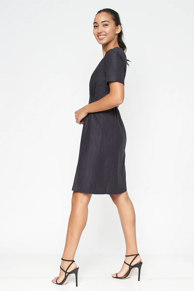 Round Neck Short Sleeve Solid Midi Dress With Zipper Back