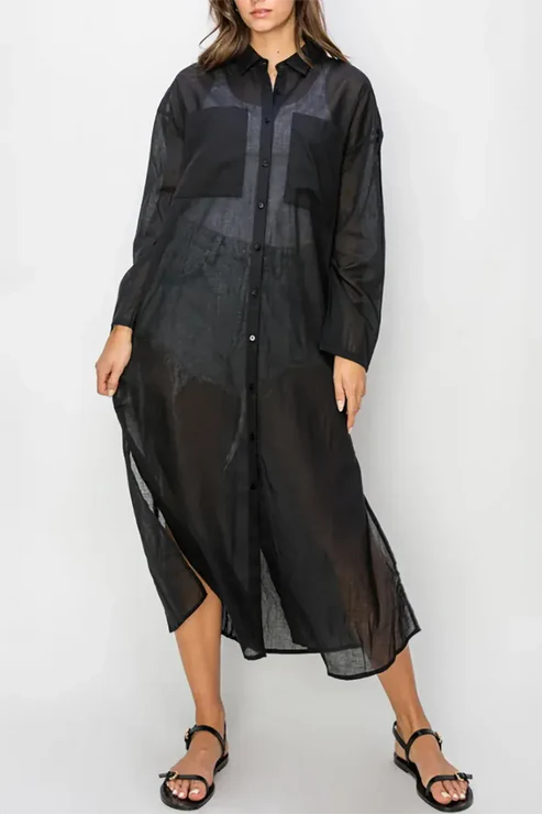 Sheer Linen Button-Down Side Slits Beach Cover-Up