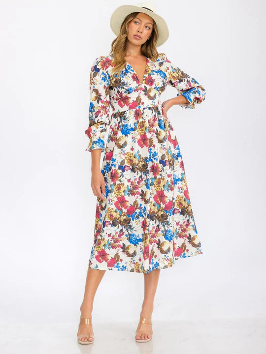Women's 3-4 Sleeves V-Neck Elastic Waist Floral Print Midi Dress
