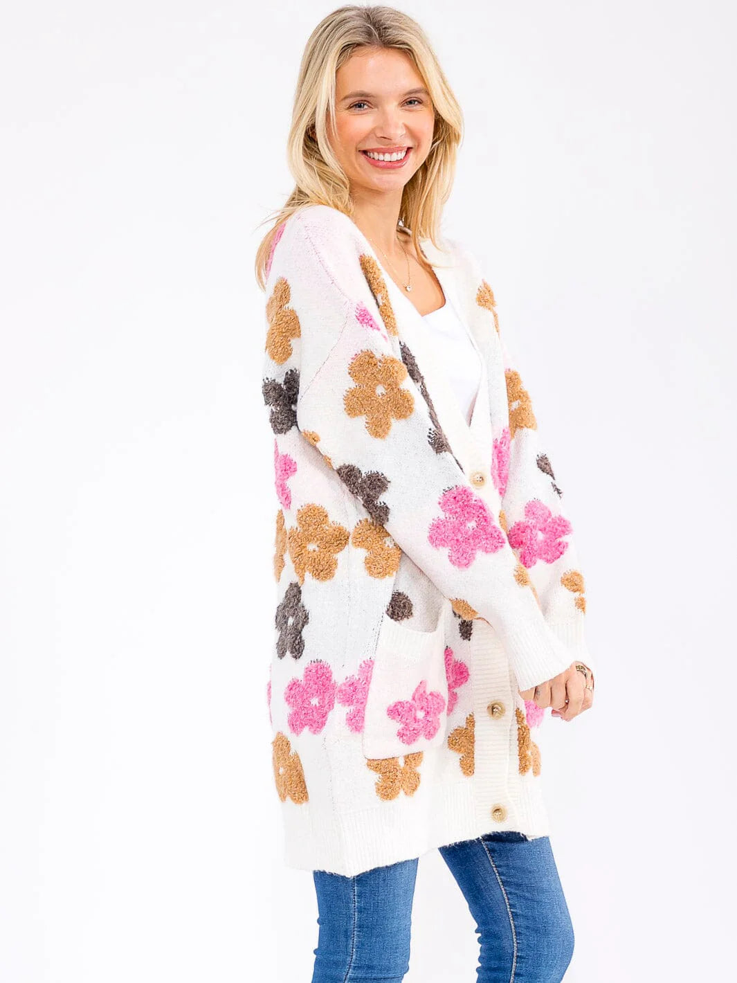 Womens Long Sleeve Button Closure Floral Print Cardigan