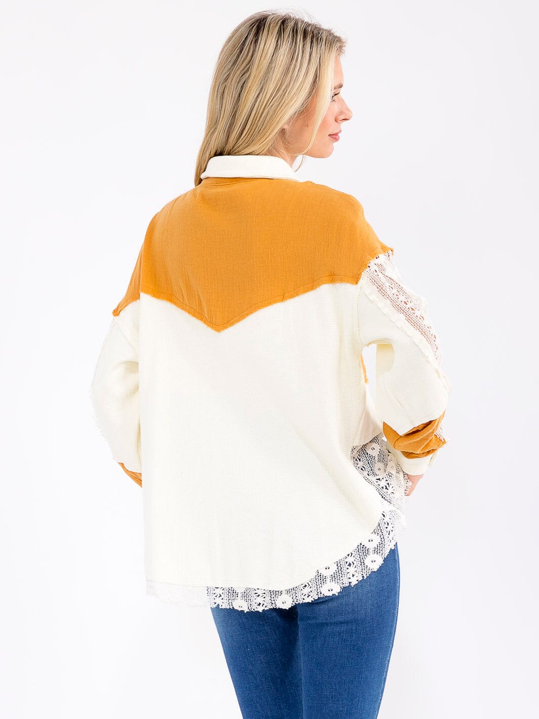 Womens Long Sleeve Button Up Colorblock Crochet Blouse