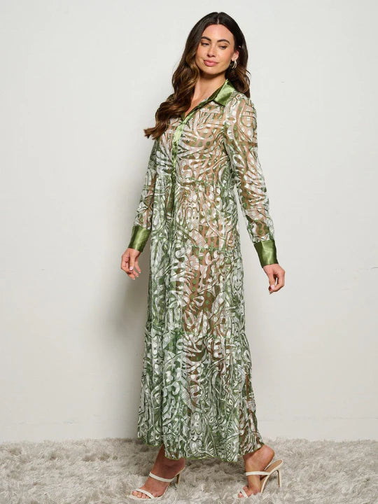 Women's Long Sleeve Button Up Mesh Multi Print Tiered Maxi Dress