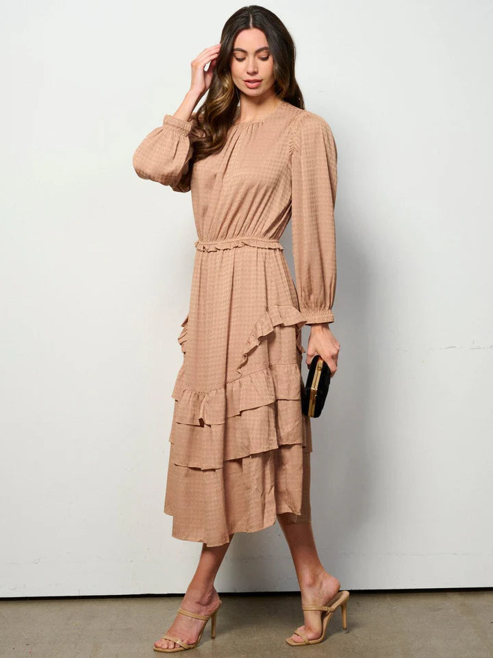 Women's Long Sleeve Elastic Waist Tiered Printed Maxi Dress